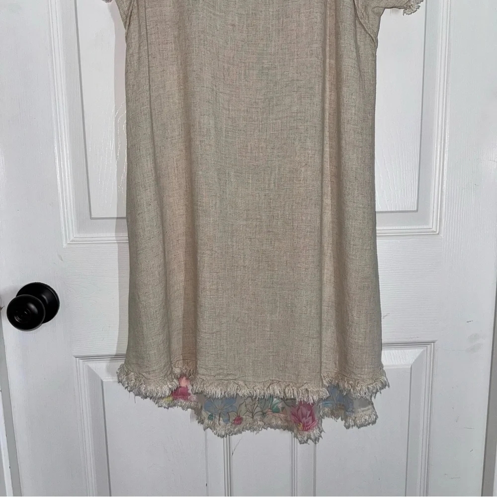 Umgee Beige Mini Linen Dress with High Low Ruffle Fringe and Floral Print - Picture 16 of 16